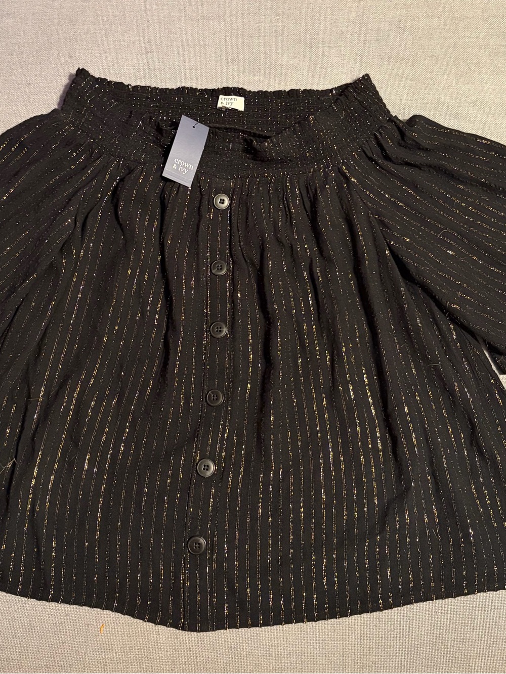 crown & ivy Black Button-Front Blouse with Gold Metallic Stripes